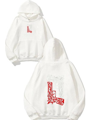 Urbvn Twins Gun Tasarım Baskılı Oversize Beyaz Kapüşonlu Sweatshirt