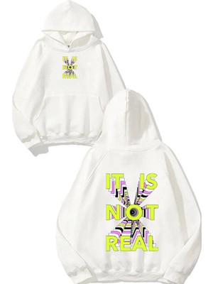 Urbvn No Real Tasarım Baskılı Oversize Beyaz Kapüşonlu Sweatshirt
