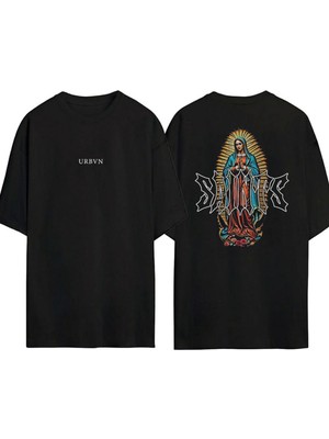 Urbvn Saints Tasarım Baskılı Siyah Oversize T Shirt