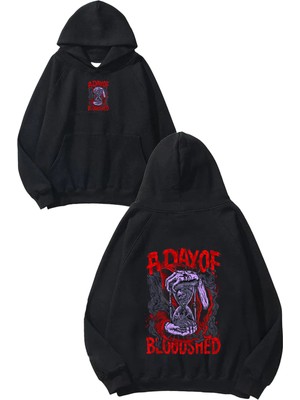 Urbvn Day Of Blood Tasarım Baskılı Oversize Siyah Kapüşonlu Sweatshirt