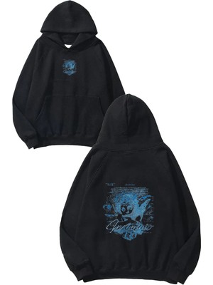 Urbvn Baby Angel Tasarım Baskılı Oversize Siyah Kapüşonlu Sweatshirt