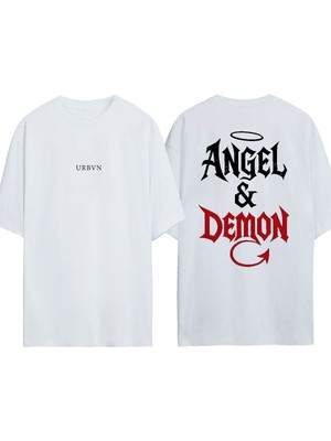 Urbvn Angel Demon Tasarım Baskılı Beyaz Oversize T-Shirt