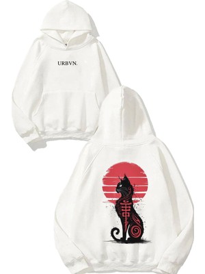 Urbvn Black Cat Tasarım Baskılı Oversize Beyaz Kapüşonlu Sweatshirt