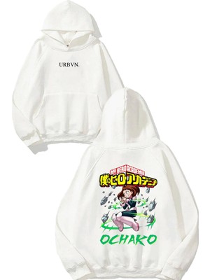 Urbvn Ochako Tasarım Baskılı Oversize Beyaz Kapüşonlu Sweatshirt