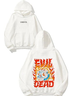 Urbvn Dead Flame Tasarım Baskılı Oversize Beyaz Kapüşonlu Sweatshirt