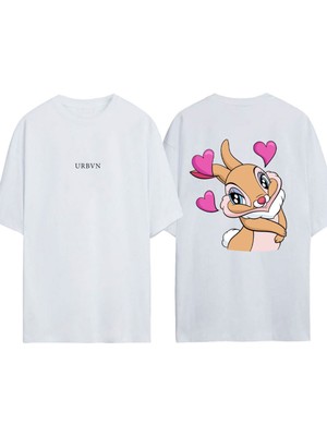 Urbvn Rabbit Love Tasarım Baskılı Beyaz Oversize T-Shirt