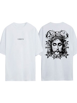 Urbvn Jesus Tasarım Baskılı Beyaz Oversize T-Shirt