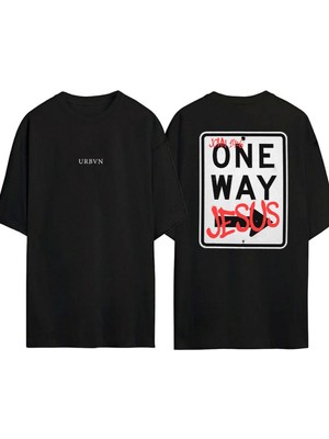 Urbvn One Way Tasarım Baskılı Siyah Oversize T Shirt