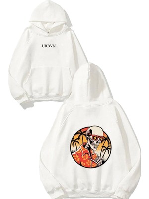 Urbvn Beach Skull Tasarım Baskılı Oversize Beyaz Kapüşonlu Sweatshirt