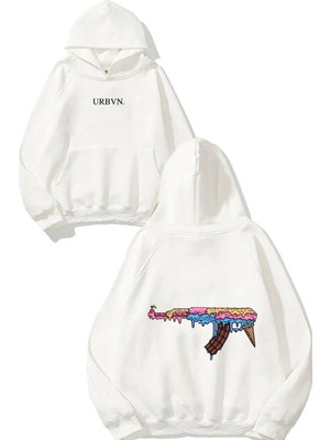 Urbvn Ice Cream Gun Tasarım Baskılı Oversize Beyaz Kapüşonlu Sweatshirt