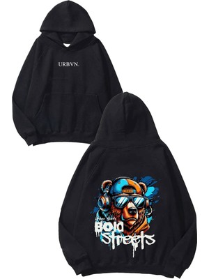 Urbvn Bold Street Tasarım Baskılı Oversize Siyah Kapüşonlu Sweatshirt