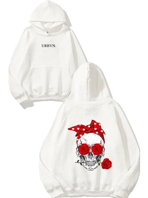Urbvn Red Rose Love Tasarım Baskılı Oversize Beyaz Kapüşonlu Sweatshirt