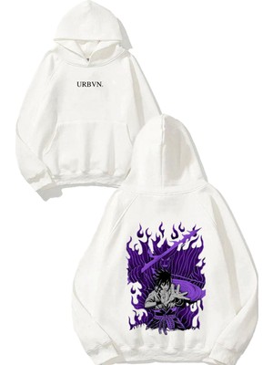 Urbvn Anime Mor Tasarım Baskılı Oversize Beyaz Kapüşonlu Sweatshirt
