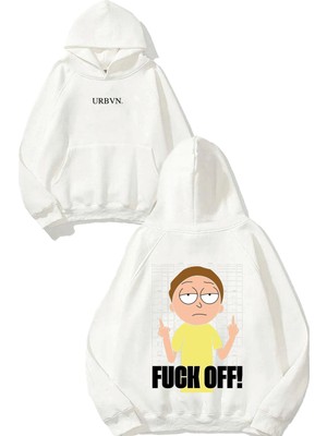 Urbvn Fck Off Morty Tasarım Baskılı Oversize Beyaz Kapüşonlu Sweatshirt