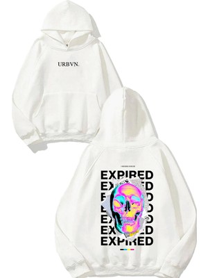 Urbvn Expired Tasarım Baskılı Oversize Beyaz Kapüşonlu Sweatshirt