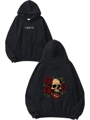Urbvn Oldschool Rose Tasarım Baskılı Oversize Siyah Kapüşonlu Sweatshirt