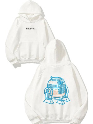 Urbvn Star Wars Robot Mavi Tasarım Baskılı Oversize Beyaz Kapüşonlu Sweatshirt