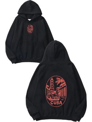 Urbvn Cuba View Tasarım Baskılı Oversize Siyah Kapüşonlu Sweatshirt