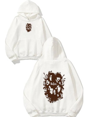 Urbvn Beatles 5 Tasarım Baskılı Oversize Beyaz Kapüşonlu Sweatshirt