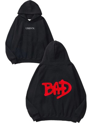 Urbvn Bad Red Tasarım Baskılı Oversize Siyah Kapüşonlu Sweatshirt