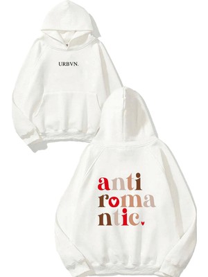 Urbvn Anti Romantic Tasarım Baskılı Oversize Beyaz Kapüşonlu Sweatshirt