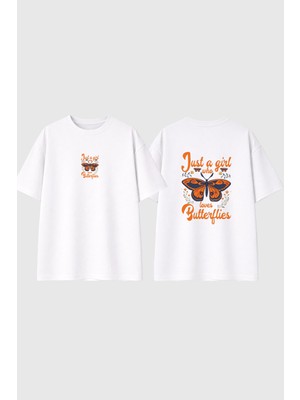Urbvn Butterflies Girls Tasarım Baskılı Beyaz Oversize T Shirt