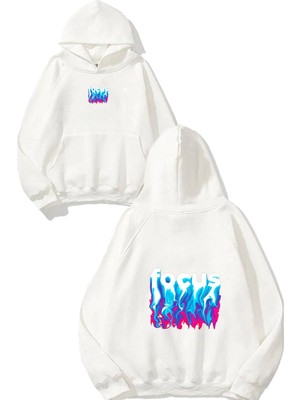 Urbvn Focus Tasarım Baskılı Oversize Beyaz Kapüşonlu Sweatshirt