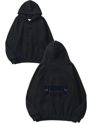 Urbvn Strong Everyday Tasarım Baskılı Oversize Siyah Kapüşonlu Sweatshirt