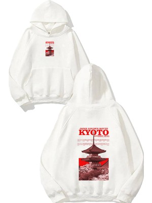 Urbvn Kyoto Tasarım Baskılı Oversize Beyaz Kapüşonlu Sweatshirt