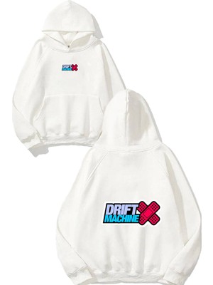 Urbvn Drift Machine Tasarım Baskılı Oversize Beyaz Kapüşonlu Sweatshirt