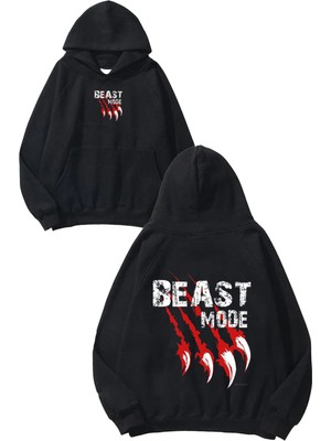 Urbvn Beast 1 Tasarım Baskılı Oversize Siyah Kapüşonlu Sweatshirt