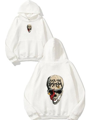 Urbvn F!ck The System Tasarım Baskılı Oversize Beyaz Kapüşonlu Sweatshirt