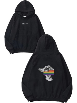 Urbvn Rainbow Head Tasarım Baskılı Oversize Siyah Kapüşonlu Sweatshirt
