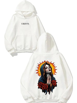 Urbvn Rose Mary Tasarım Baskılı Oversize Beyaz Kapüşonlu Sweatshirt