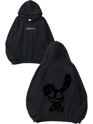 Urbvn Siyah Tavşan Tasarım Baskılı Oversize Siyah Kapüşonlu Sweatshirt