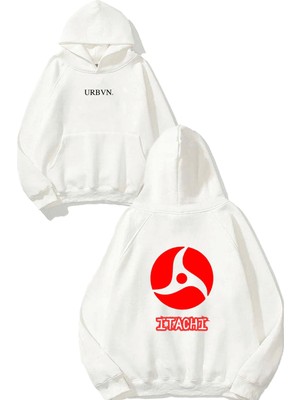 Urbvn Itachi Red Tasarım Baskılı Oversize Beyaz Kapüşonlu Sweatshirt