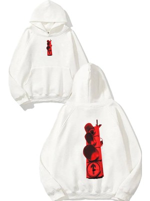 Urbvn Red Light Tasarım Baskılı Oversize Beyaz Kapüşonlu Sweatshirt