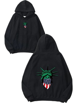 Urbvn Liberty America Tasarım Baskılı Oversize Siyah Kapüşonlu Sweatshirt