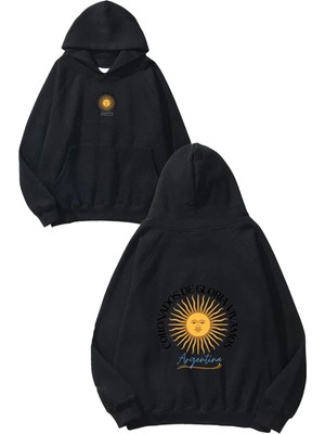 Urbvn Argentina Tasarım Baskılı Oversize Siyah Kapüşonlu Sweatshirt