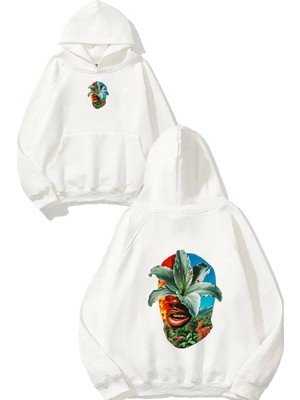 Urbvn Tropic Man Tasarım Baskılı Oversize Beyaz Kapüşonlu Sweatshirt