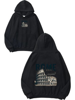 Urbvn Rome Tasarım Baskılı Oversize Siyah Kapüşonlu Sweatshirt