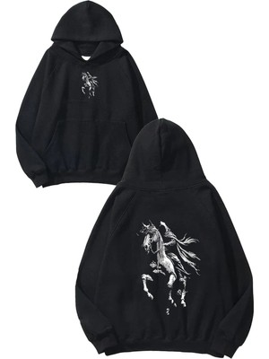 Urbvn Horse 2 Tasarım Baskılı Oversize Siyah Kapüşonlu Sweatshirt