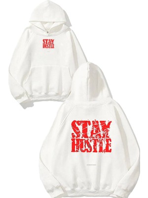 Urbvn Stay Hustle Tasarım Baskılı Oversize Beyaz Kapüşonlu Sweatshirt