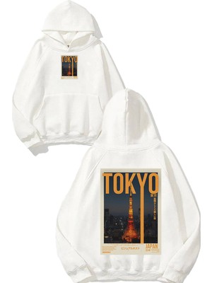 Urbvn Tokyo Tower Tasarım Baskılı Oversize Beyaz Kapüşonlu Sweatshirt
