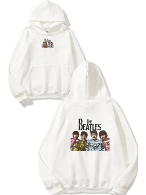 Urbvn Beatles Tasarım Baskılı Oversize Beyaz Kapüşonlu Sweatshirt