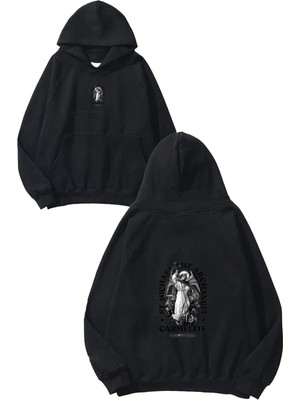 Urbvn Carmelite Tasarım Baskılı Oversize Siyah Kapüşonlu Sweatshirt