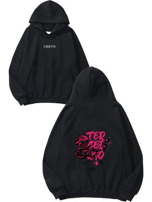 Urbvn Pink Snake Tasarım Baskılı Oversize Siyah Kapüşonlu Sweatshirt