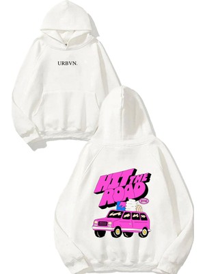 Urbvn Hit The Road Tasarım Baskılı Oversize Beyaz Kapüşonlu Sweatshirt