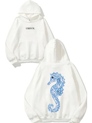 Urbvn Mavi Denizatı Tasarım Baskılı Oversize Beyaz Kapüşonlu Sweatshirt