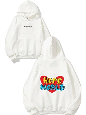 Urbvn Hope World Tasarım Baskılı Oversize Beyaz Kapüşonlu Sweatshirt